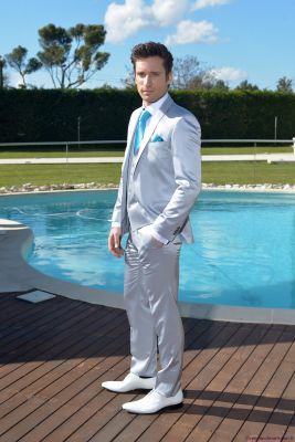 Costume de mariage cérémonie Karl Lagerfeld gris satin 3 pièces